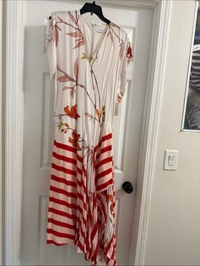 Reiss Cream Dress with Red Floral & Stripe Accents